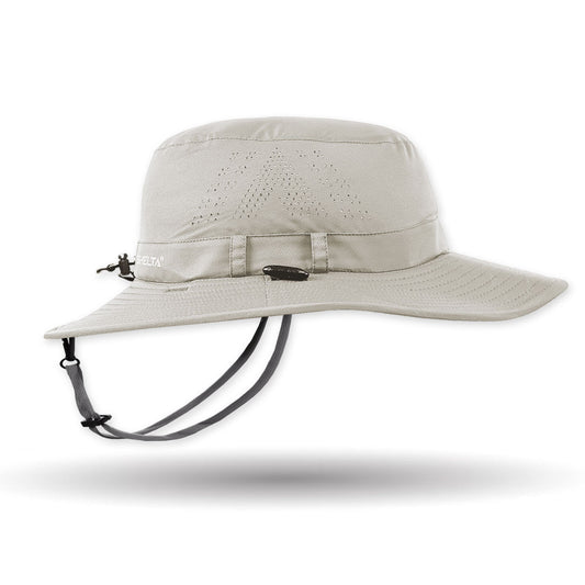 Beige wide-brimmed hat with a chin strap on a white background