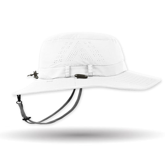 White sun hat with a chin strap on a white background