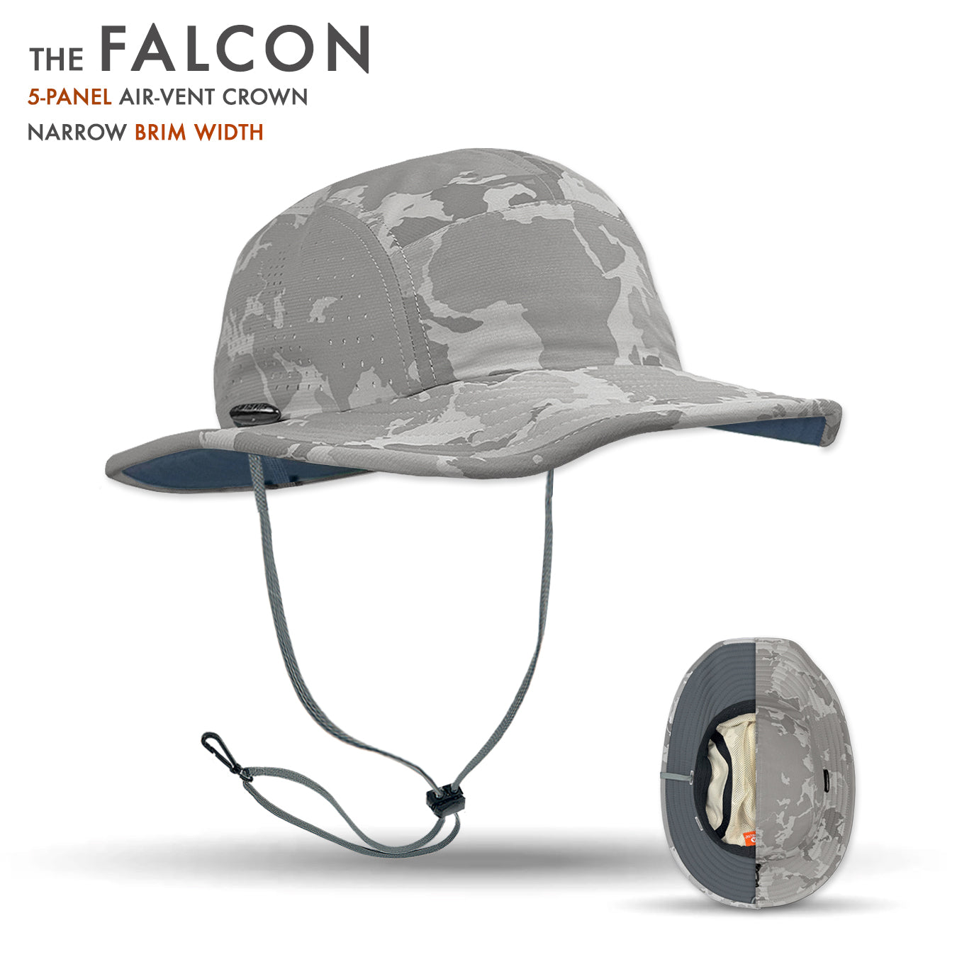 Camouflage-patterned sun hat with 'The Falcon' branding on a white background