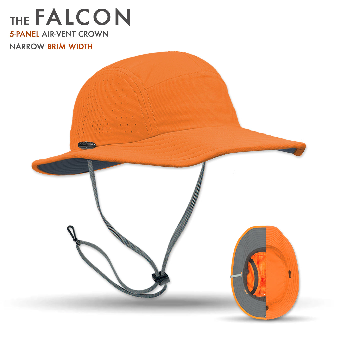 Orange hat with air-vent crown and narrow brim width on a white background