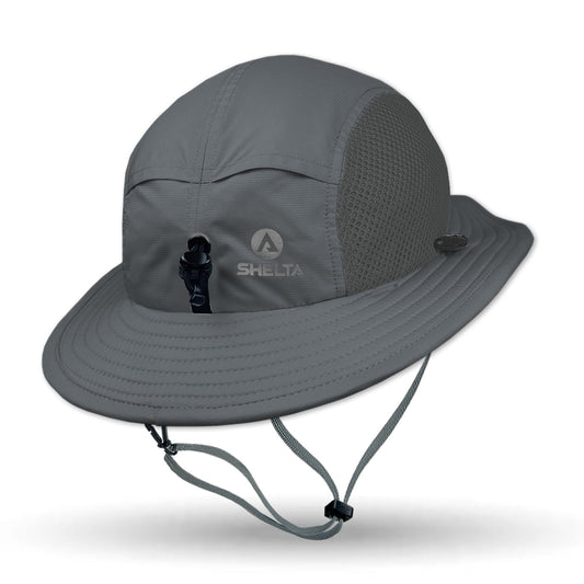Gray Shelta Merlin sun hat with a chin strap on a white background