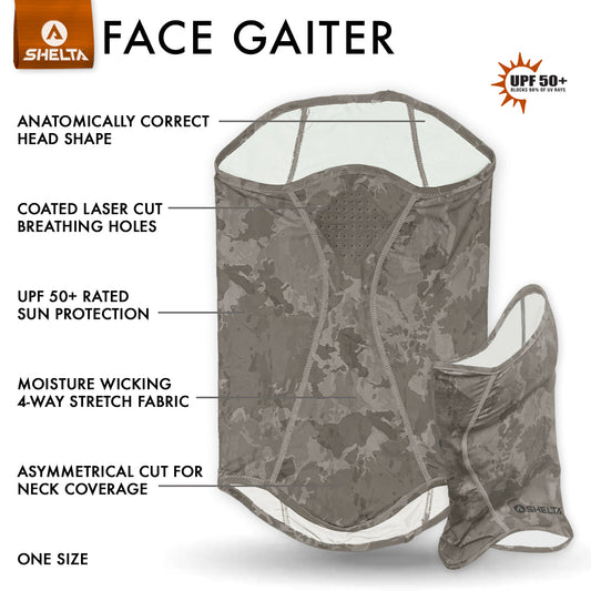 Shelta face gaiter with features listed on a white background