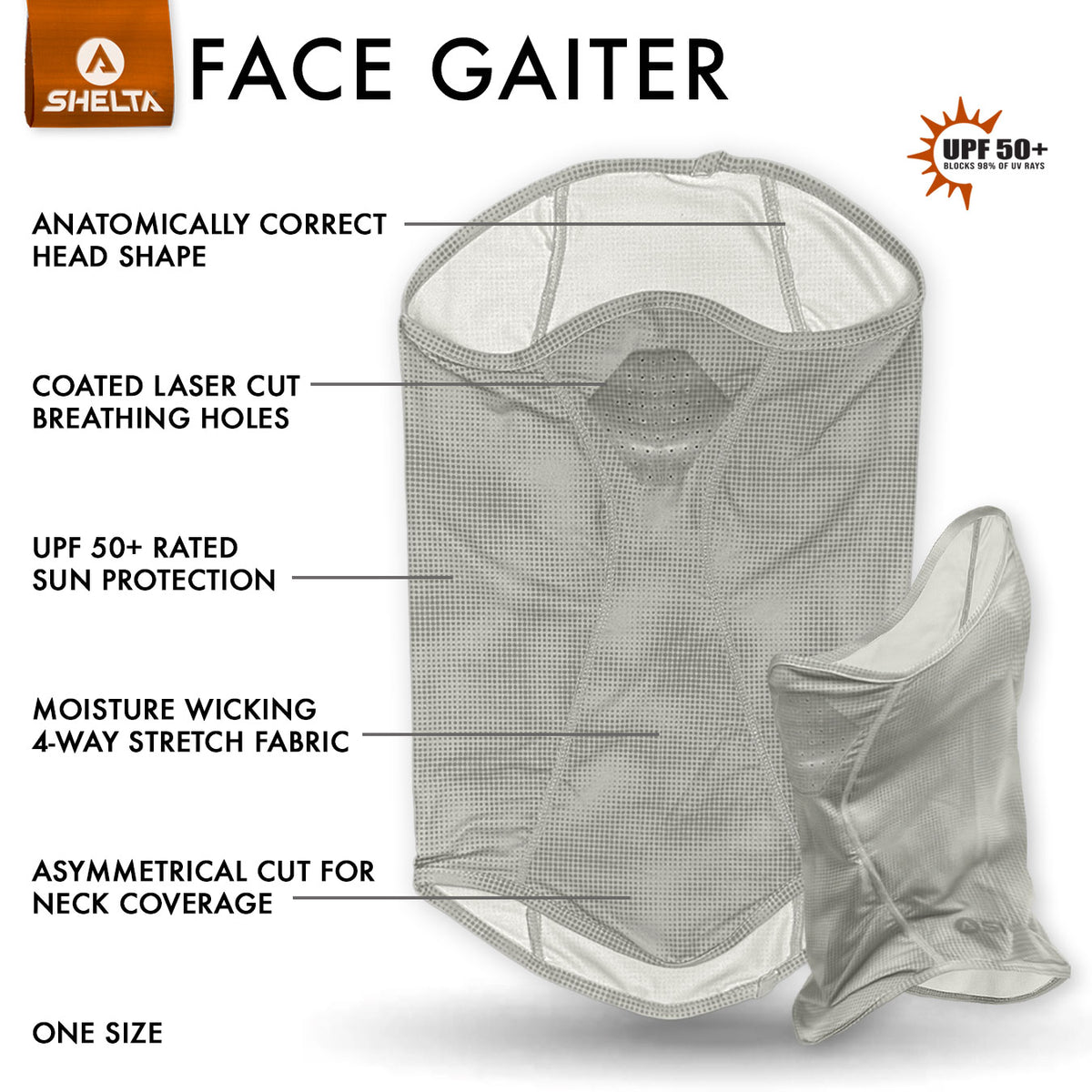 Shelta face gaiter with features highlighted on a white background