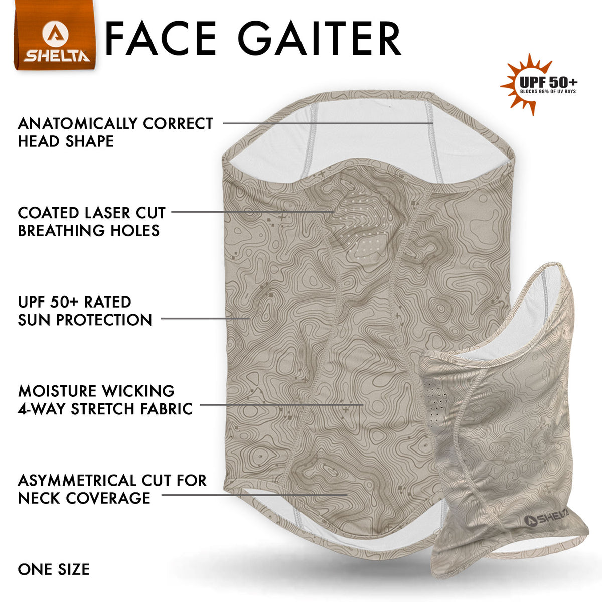 Shelta face gaiter with features highlighted on a white background