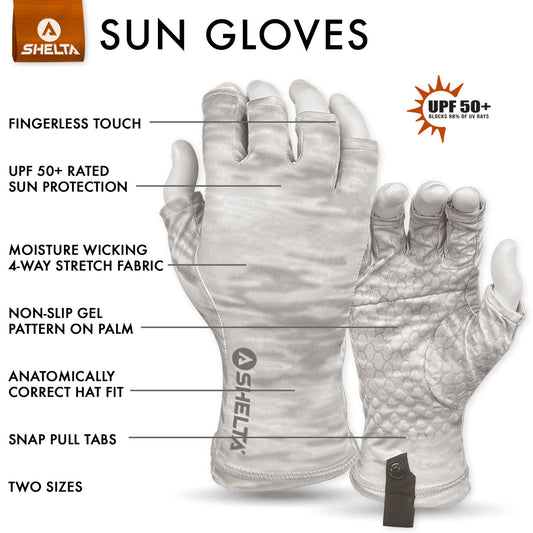 SHELTA sun gloves with features labeled on a white background