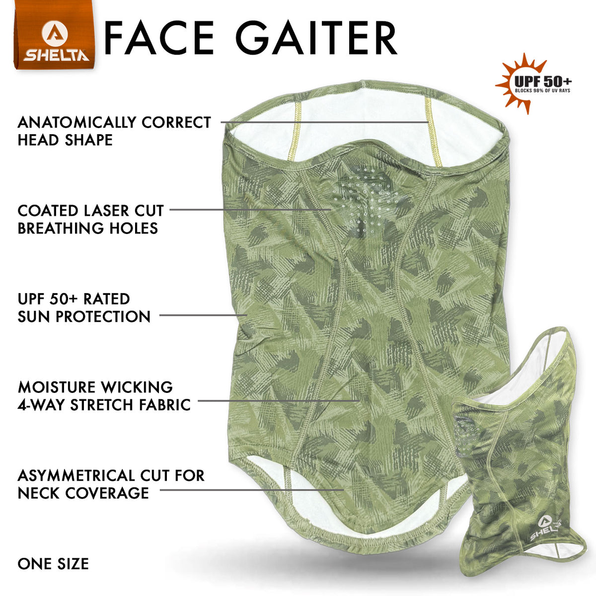 Shelta Face Gaitor in Palm Green color features