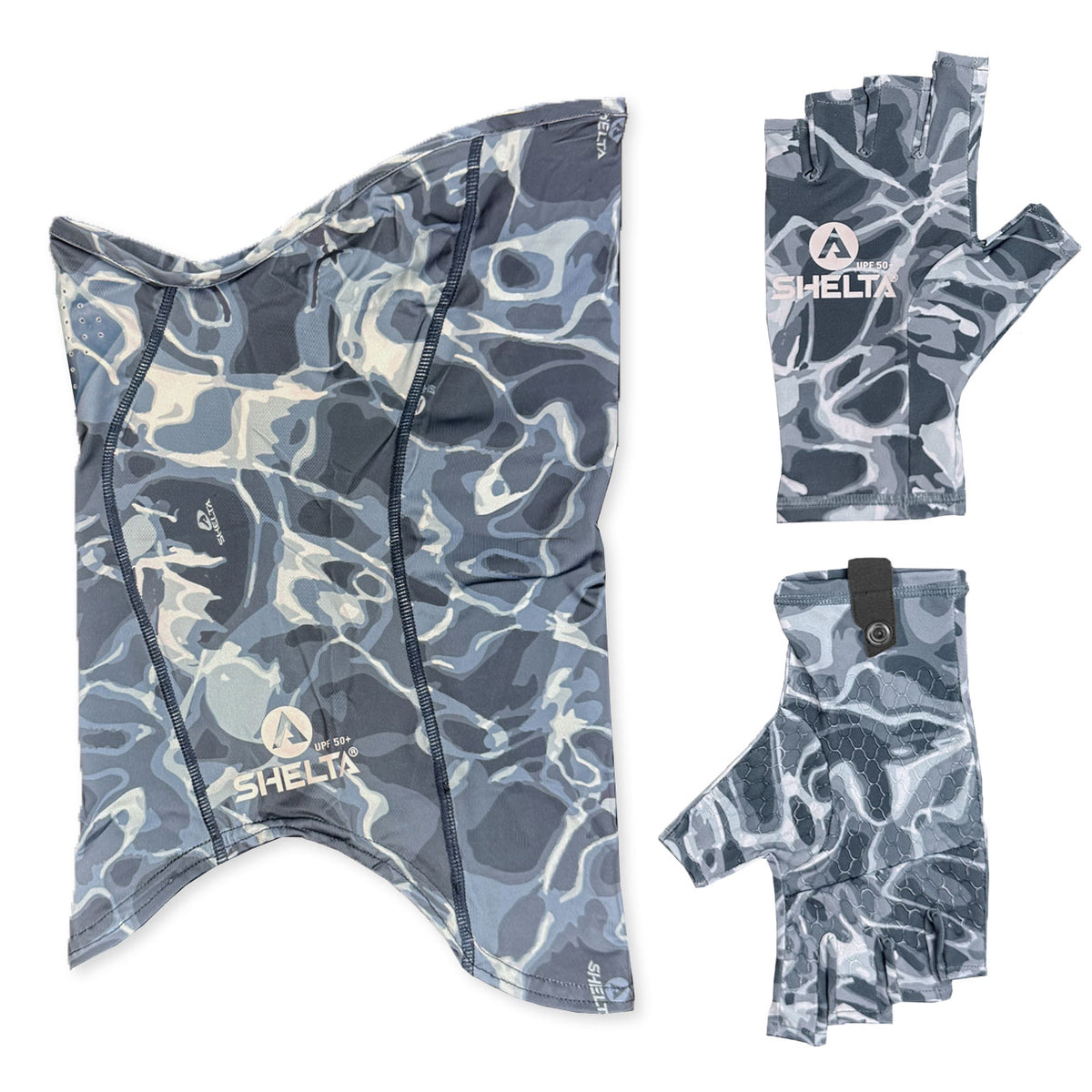 Shelta Face Gaiter in Dark Water Camo Color wuth mathing sun gloves