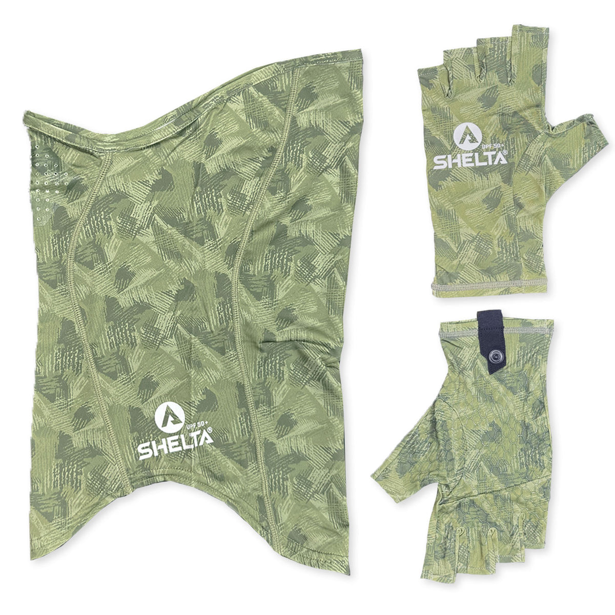 Shelta Face Gaitor in Palm Green color wutg matching gloves