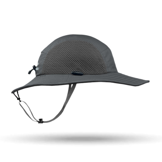 Gray sun hat with mesh design on a white background