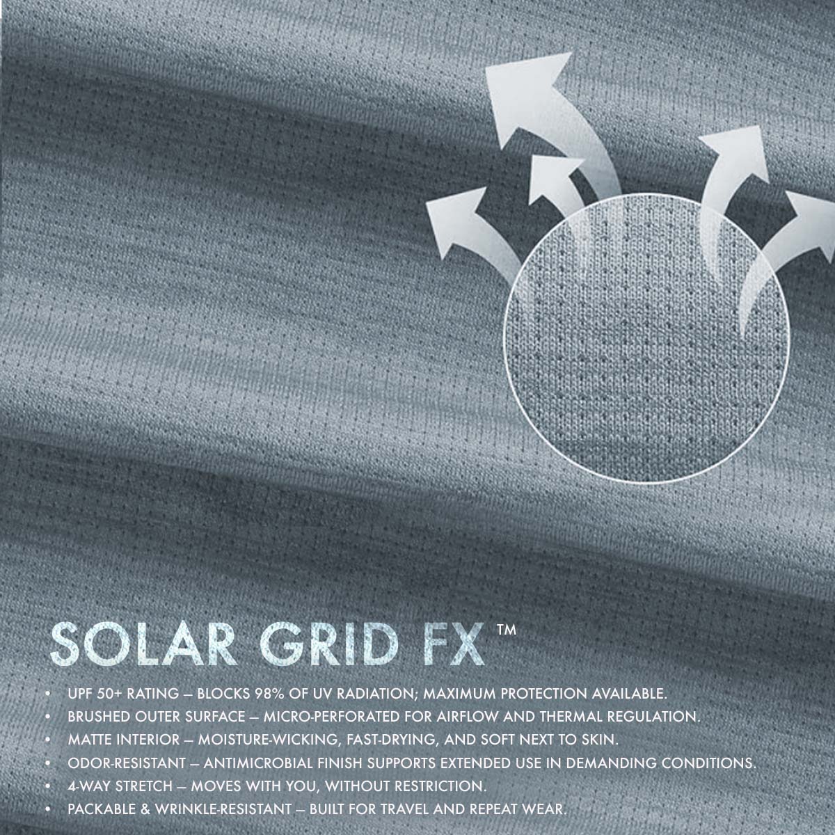 Textured fabric with 'Solar Grid FX' features and specifications.