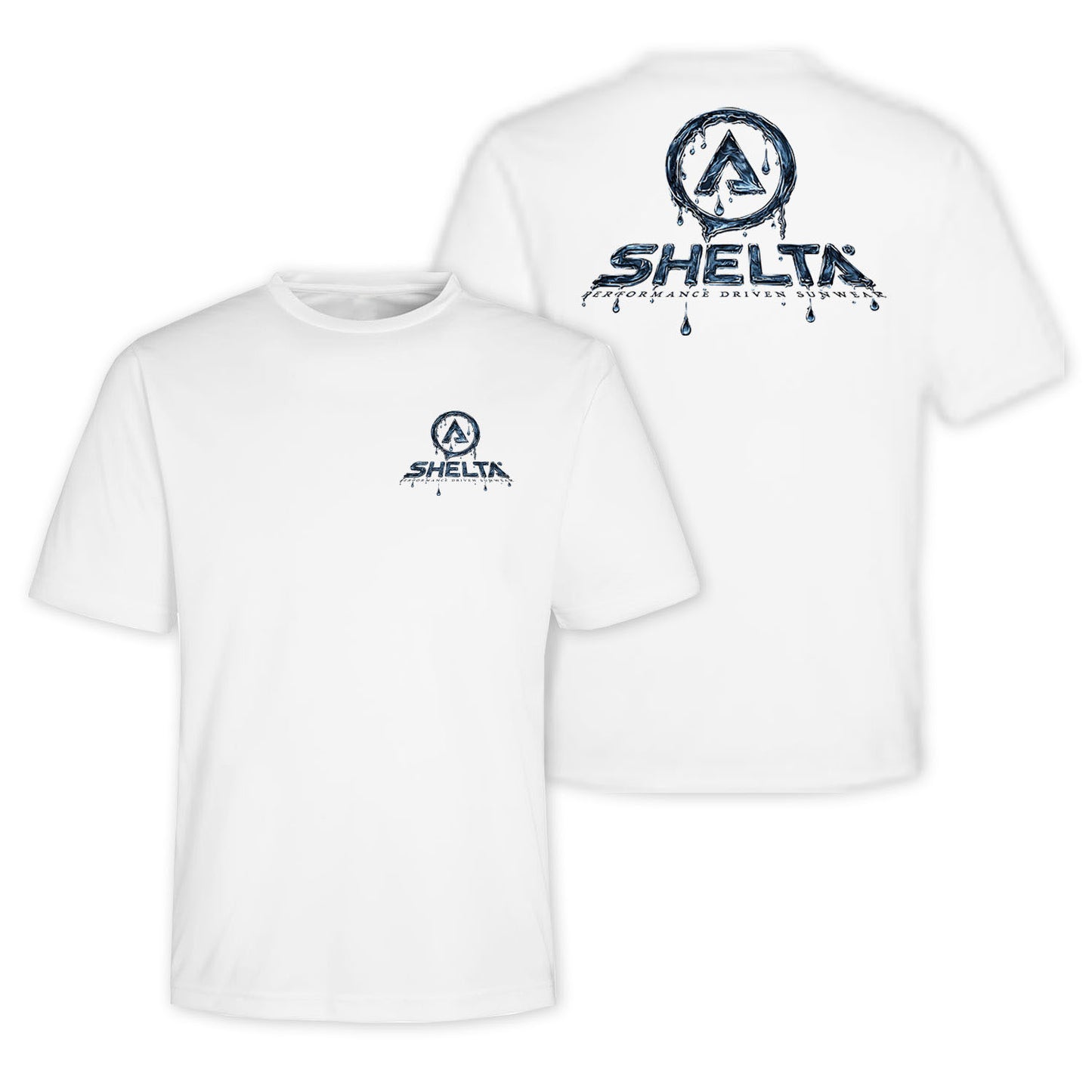 White t-shirt with blue Shelta logo on a white background