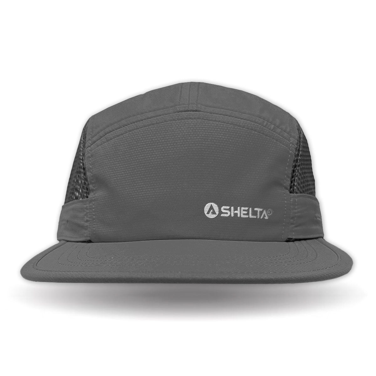 Gray cap with mesh back and Shelta logo on a white background