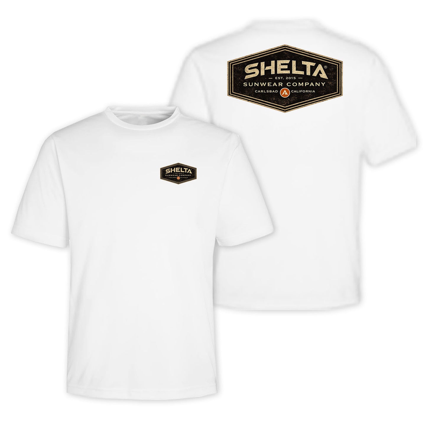 White t-shirt with 'Shelta' Company Badge logo on a white background