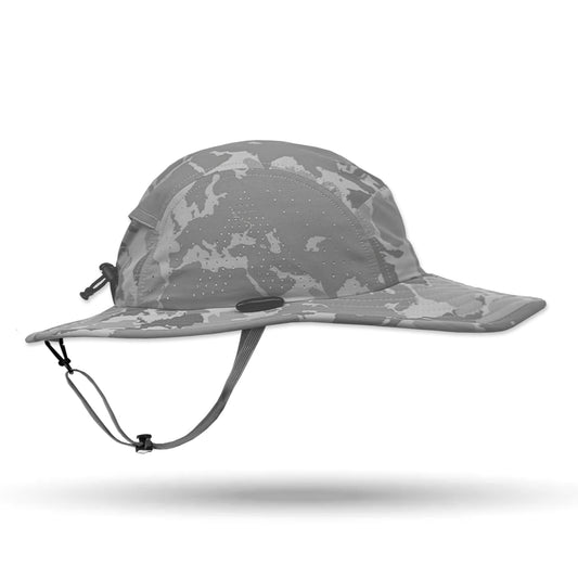 Gray camouflage bucket hat on a white background