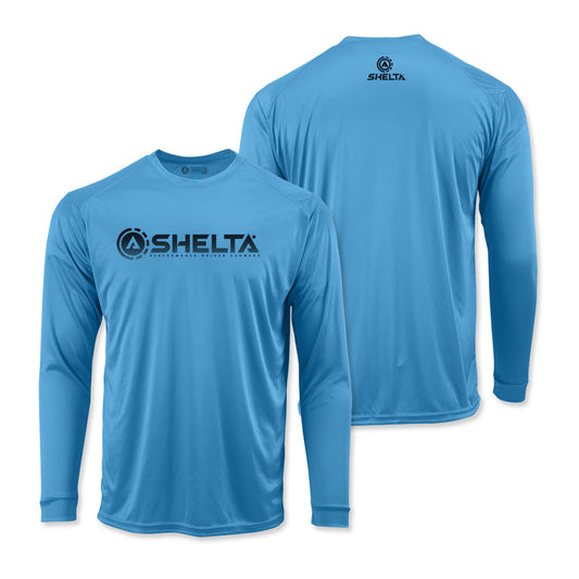 Corp fade logo in pale blue color sun shirt