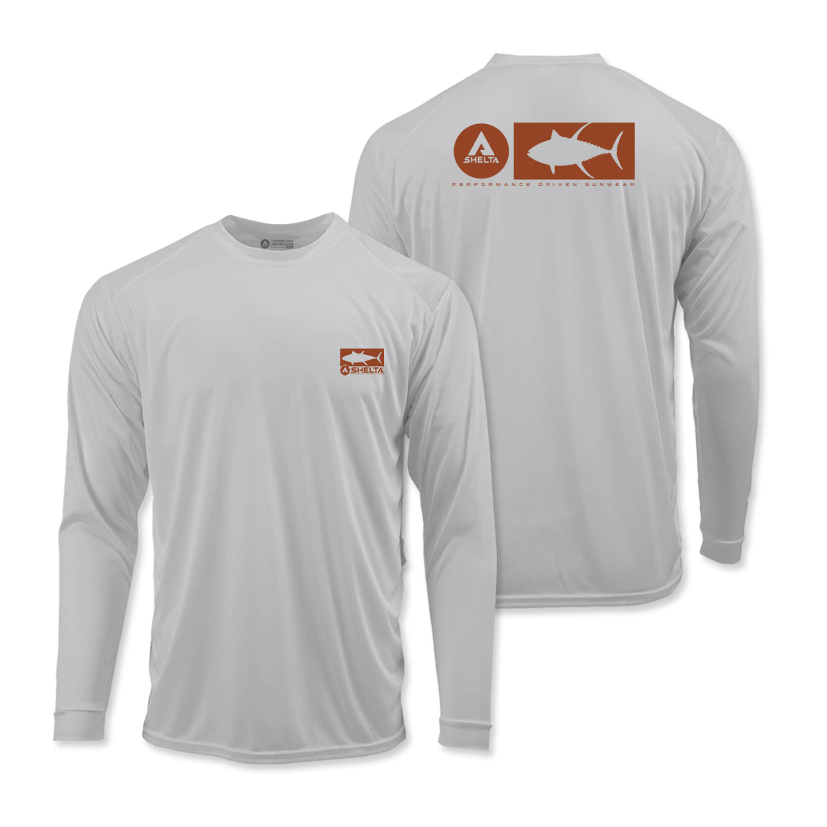 Yellow fin logo in aluminum grey sunshirt