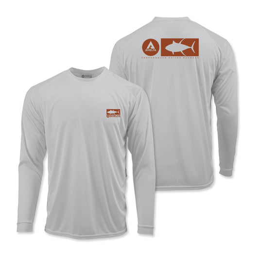 Yellow fin logo in aluminum grey sunshirt