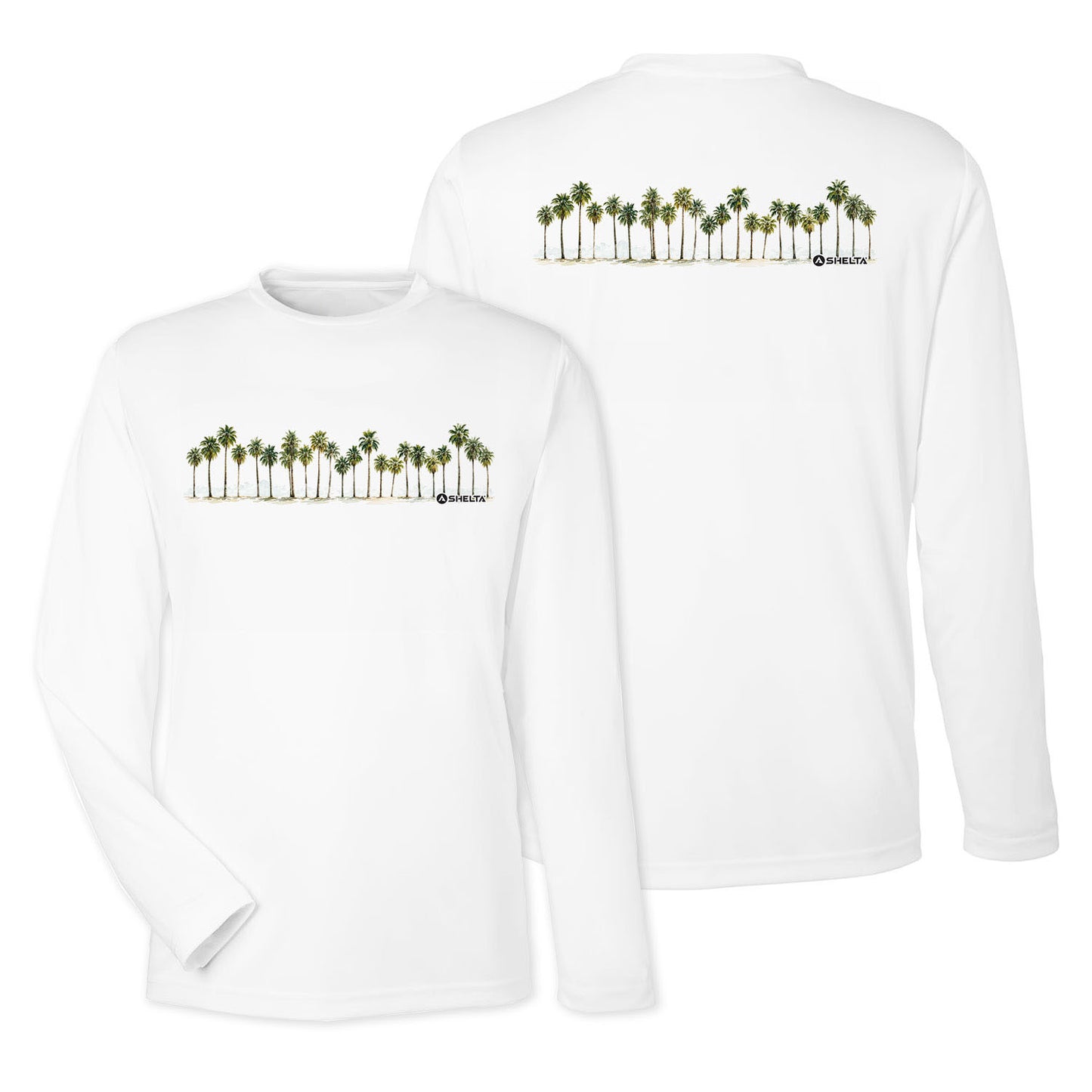 White long-sleeve shirt with palm tree design on a white background