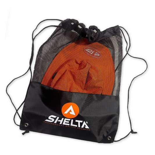 Black drawstring bag with orange shirt inside, featuring Shelta logo.