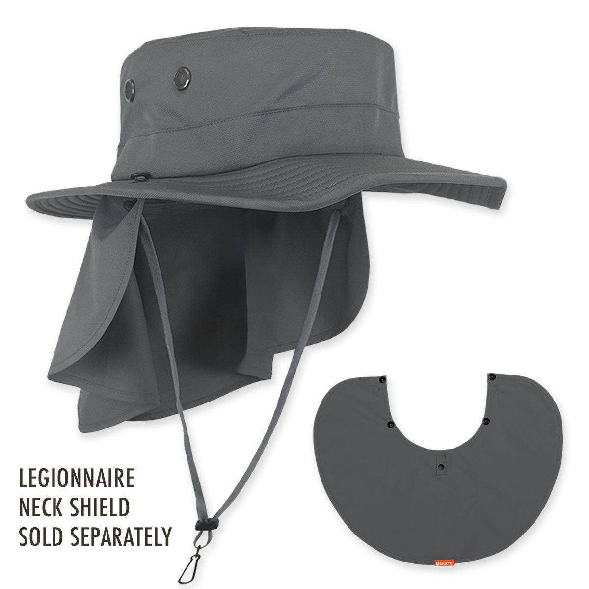 A dark gray wide-brim sun hat with an attached neck shield and chin strap, shown on a white background with text reading 'LEGIONNAIRE NECK SHIELD SOLD SEPARATELY' and a separate neck shield graphic below.