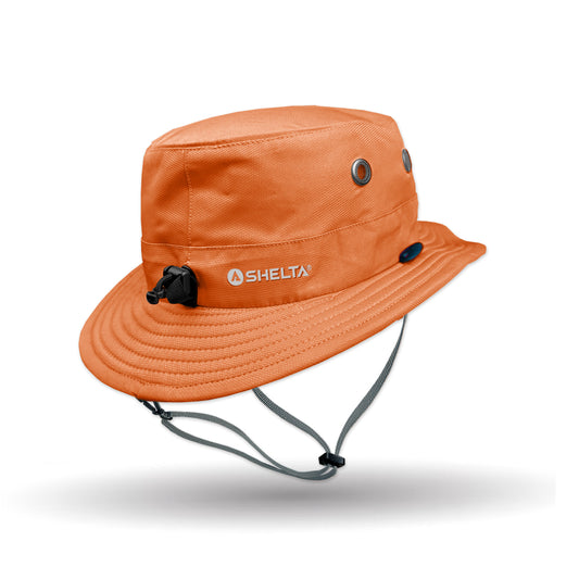 Orange bucket hat with a brand logo on a white background