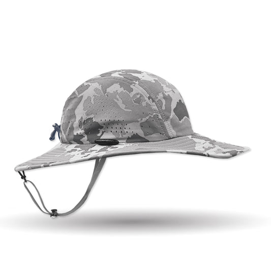 Camouflage-patterned sun hat on a white background