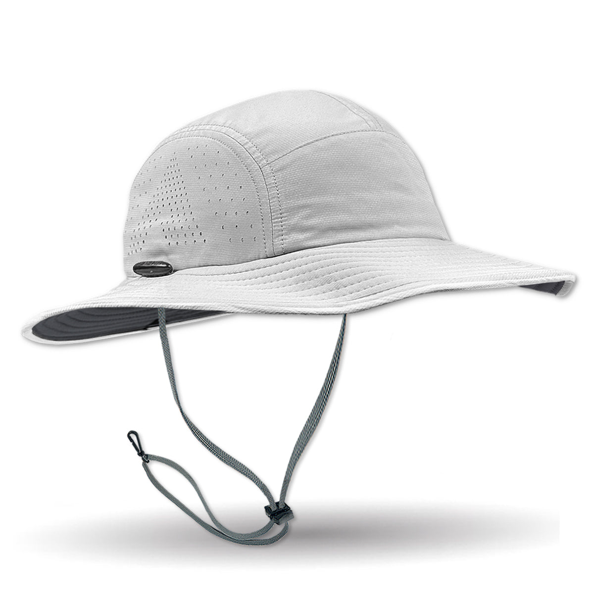 Light gray wide-brimmed hat with a chin strap on a white background