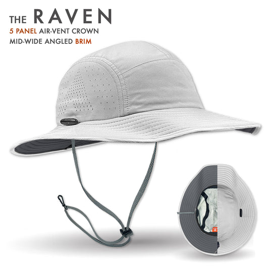 Gray sun hat with air-vent crown and wide angled brim on a white background