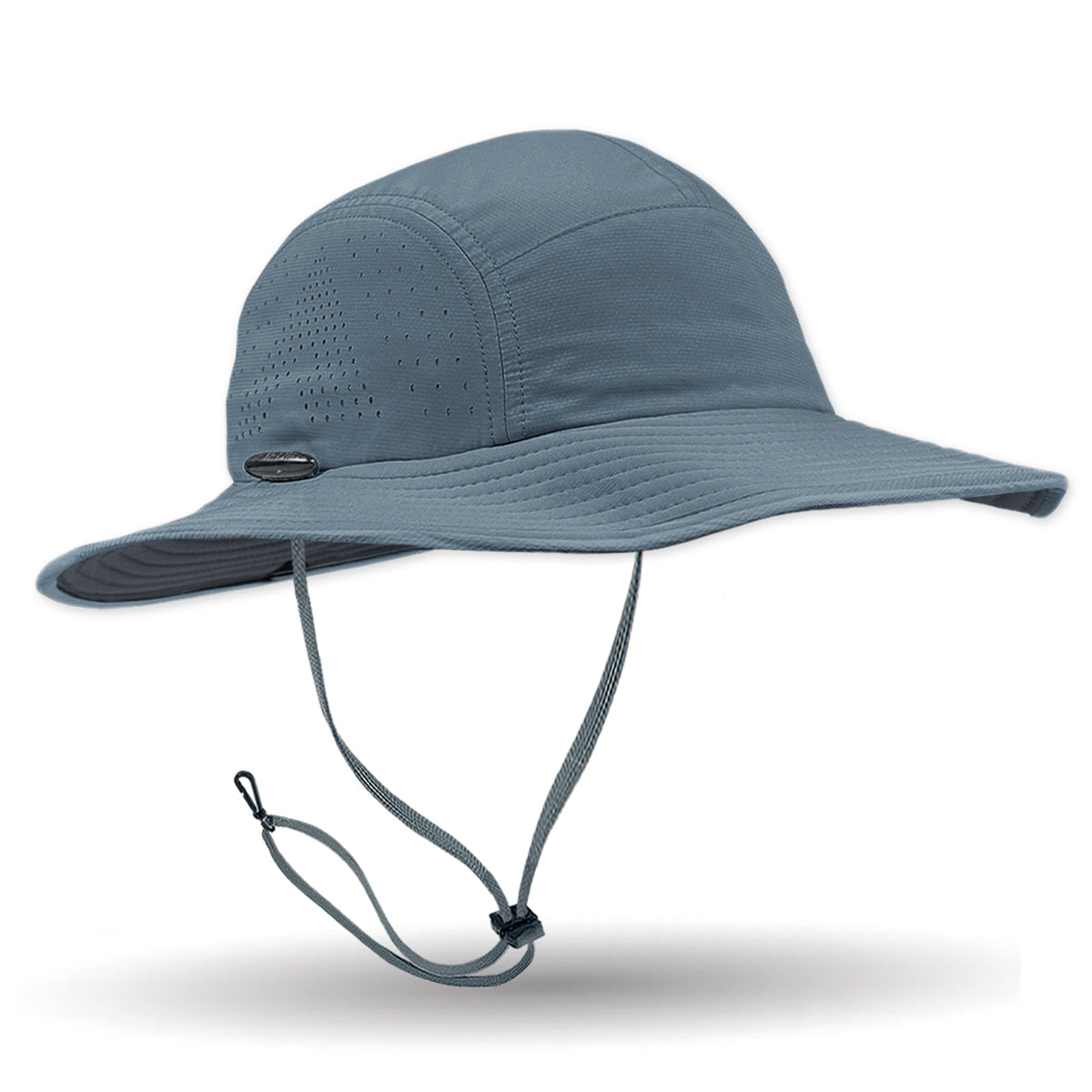 Blue wide-brimmed hat with a chin strap on a white background