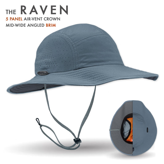 Blue sun hat with air-vent crown and angled brim on a white background