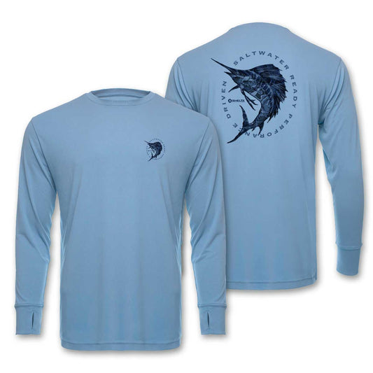 Light blue long-sleeve shirt with marlin graphic on a white background