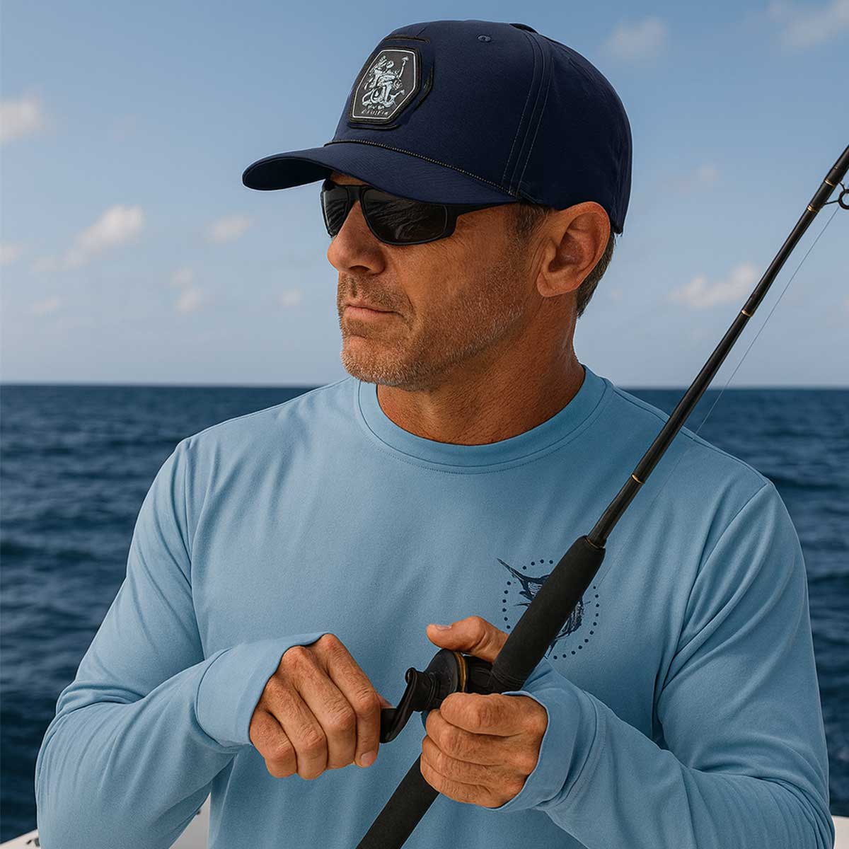 Man fishing on a boat with ocean and sky in the background