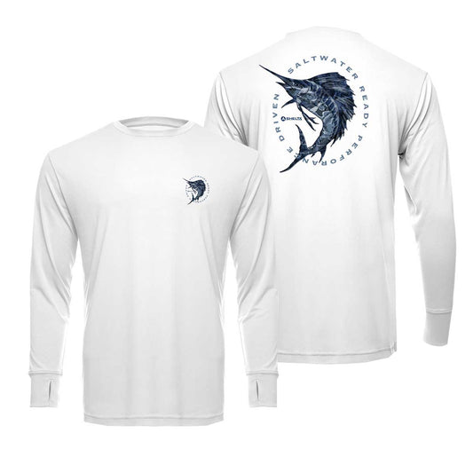 White long-sleeve shirt with marlin design on the back, on a white background