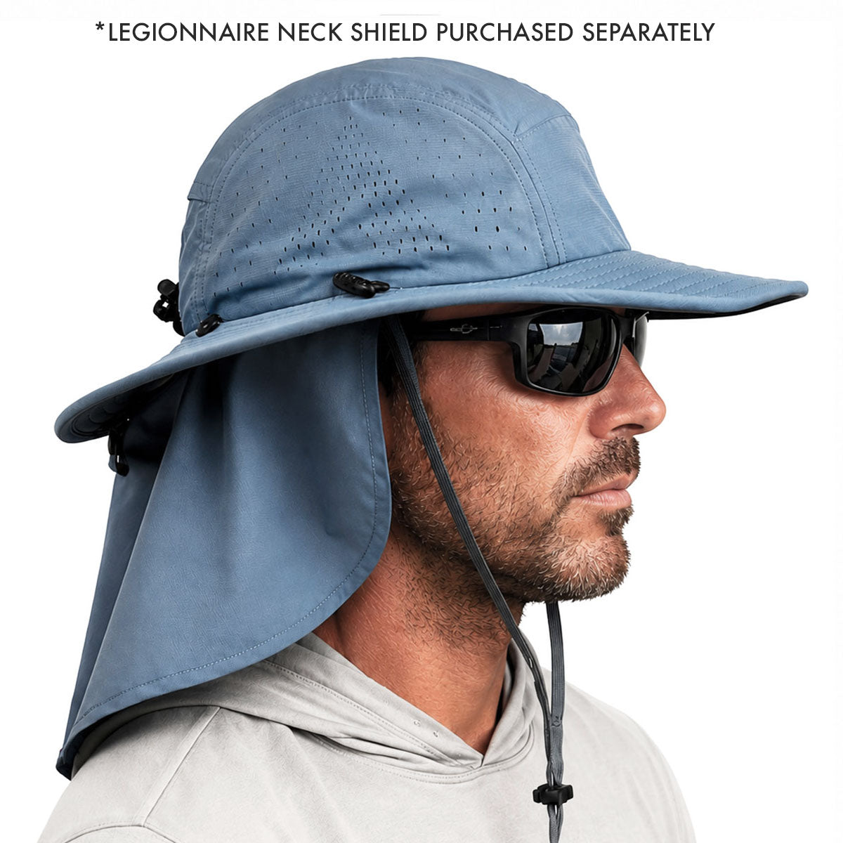 A man in profile wearing a light blue wide-brim sun hat with an attached neck shield and chin cord. The text at the top reads '*LEGIONNAIRE NECK SHIELD PURCHASED SEPARATELY'.