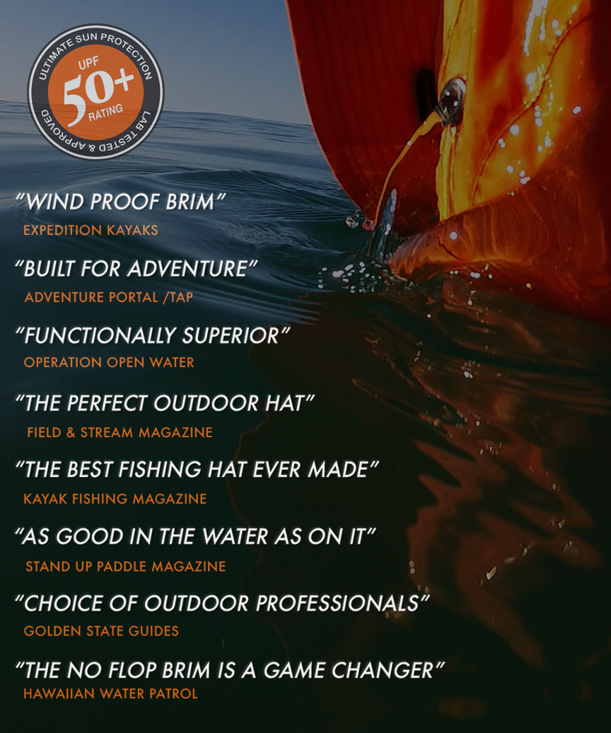 Picture of Seahawk with water coming out of the vents. Also , reviews from major news outlets. Wind proof hat, Built for adventure, Functionally superior, The perfect Outdoor hat, The best fisshing hat ever made, As good in the water as on it, Choice of outdoor proffessionals, The No Flop Brim is a game changer