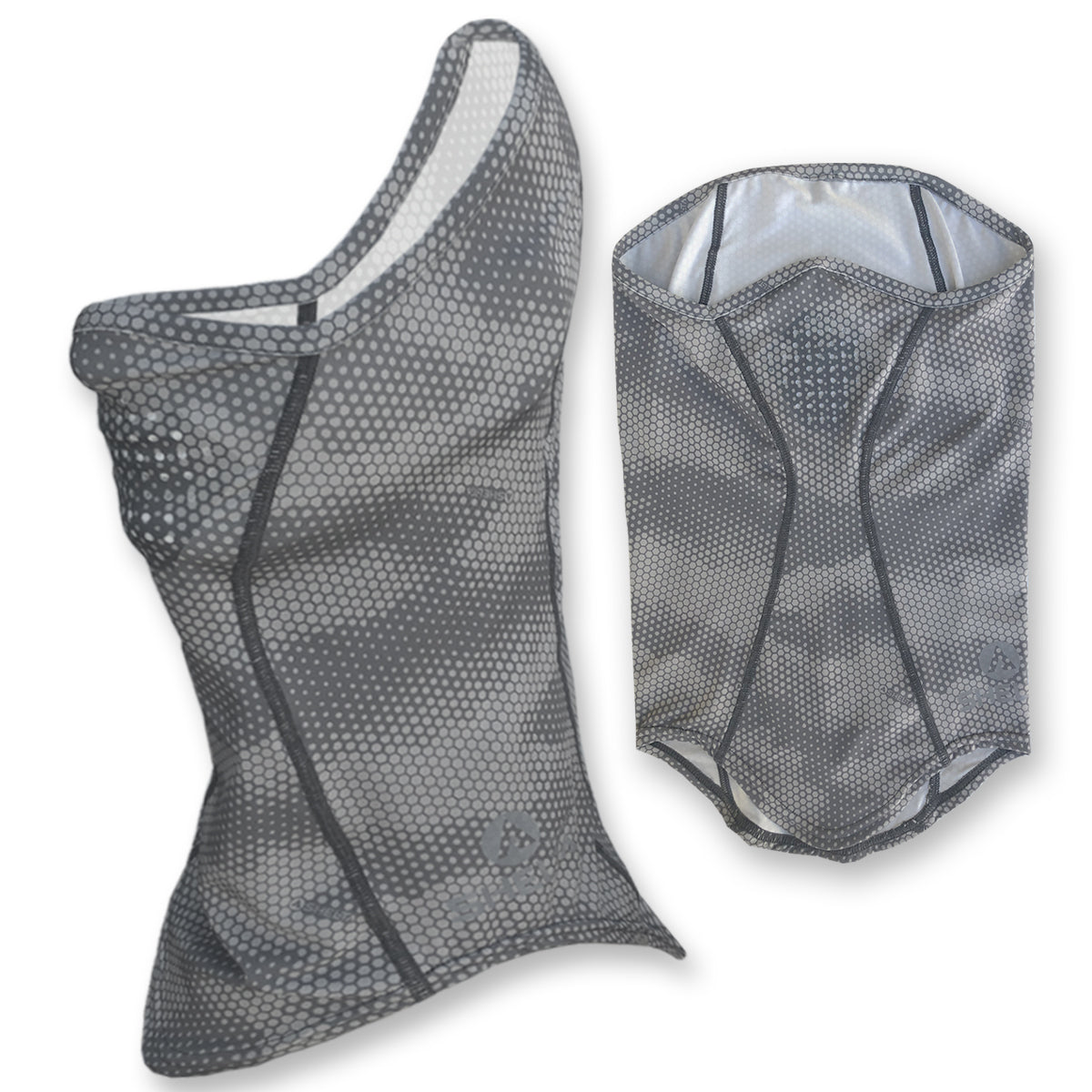 Our Face Gaiter in the Grey Cloud Color protects your face and neck from harmful UV rays. Sun protection that won’t wear off, it allows you to spend the whole day on the water or in the field without burning. Made from lightweight, moisture wicking stretch fabric, our gaiter features silicone coated laser-cut breathing holes. The breathable fabric offers UPF 50+ UV protection and covers the top of your nose down to your neckline with enough height in the back to fit over a cap or under your sunhat.