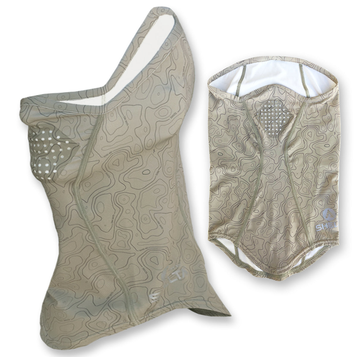 Our Face Gaiter in the Khaki Terrain Color protects your face and neck from harmful UV rays. Sun protection that won’t wear off, it allows you to spend the whole day on the water or in the field without burning. Made from lightweight, moisture wicking stretch fabric, our gaiter features silicone coated laser-cut breathing holes. The breathable fabric offers UPF 50+ UV protection and covers the top of your nose down to your neckline with enough height in the back to fit over a cap or under your sunhat.