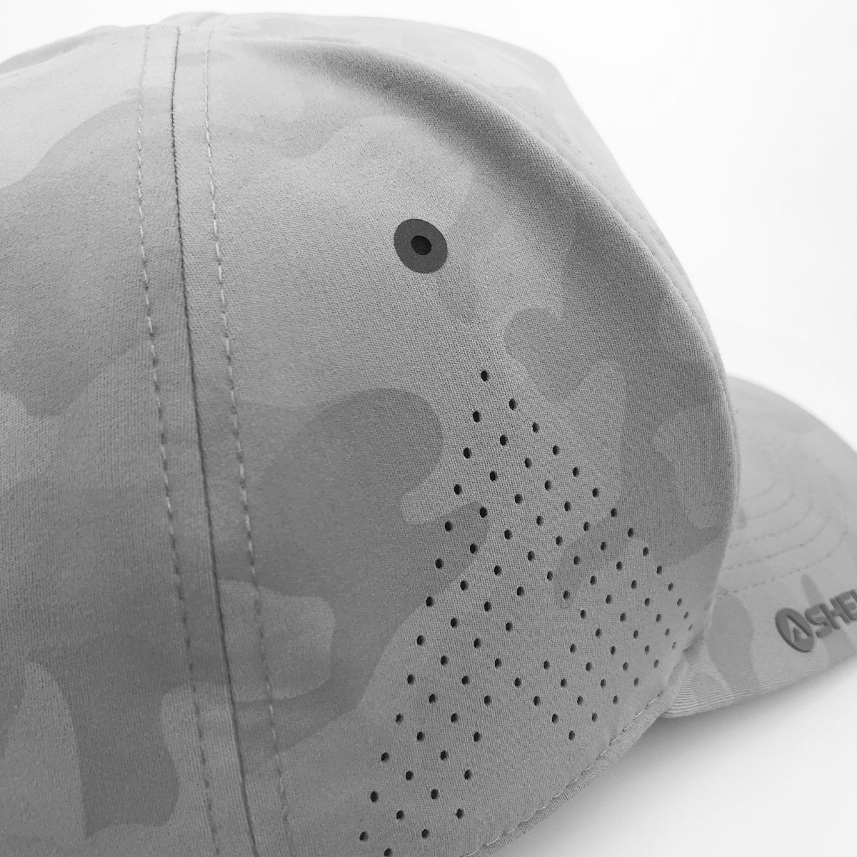 Close up of the vents of the grey camo hector cap