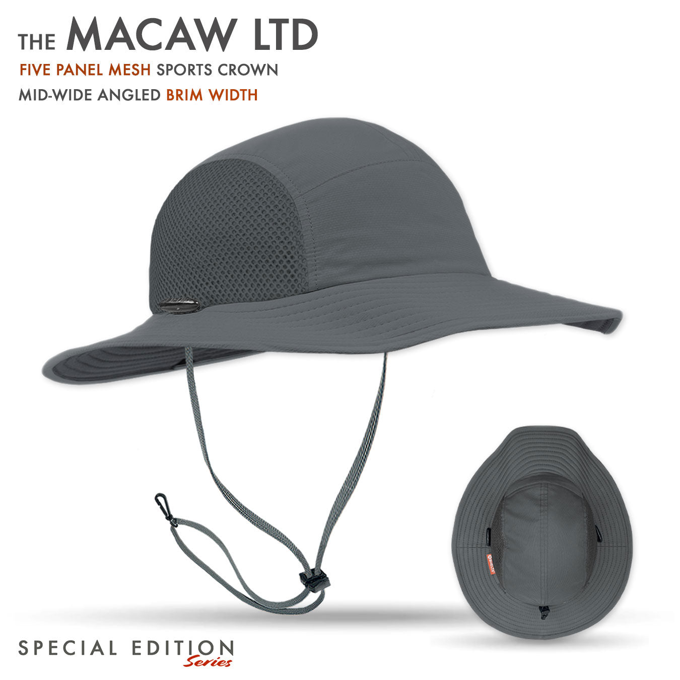 Macaw five panel sun hat in mid width brim in the color grey