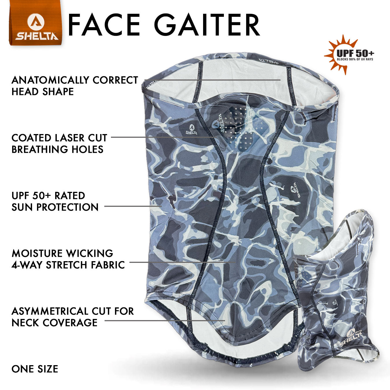 The Shelta Face Gaiter delivers long-lasting protection for your face and neck against harmful UV rays. in blue color