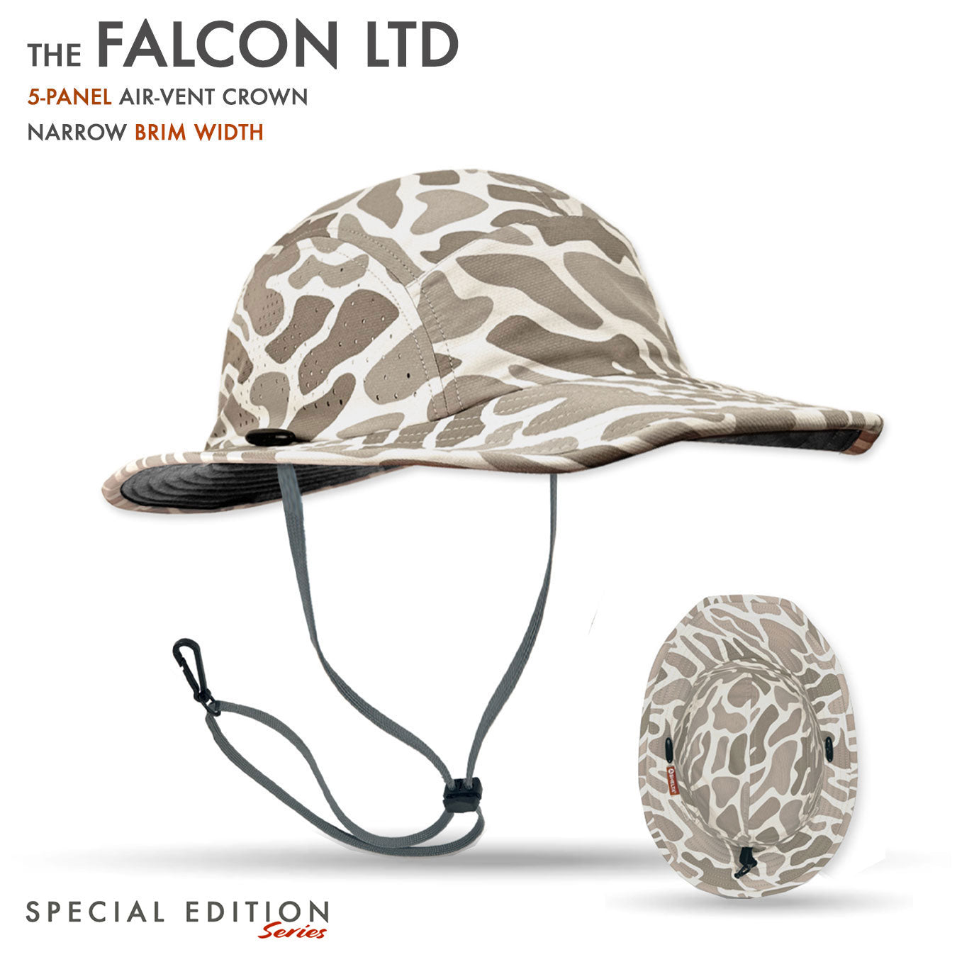 The Shelta Falcon Five panel sun hat with narrow brim in Brown Camo Color