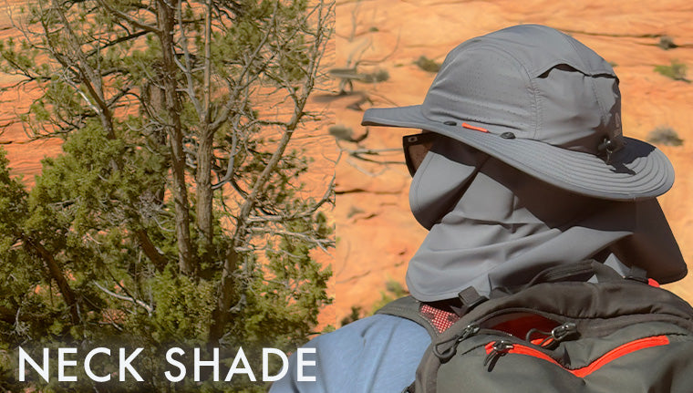 Shelta Hat with neck shield attached on a person