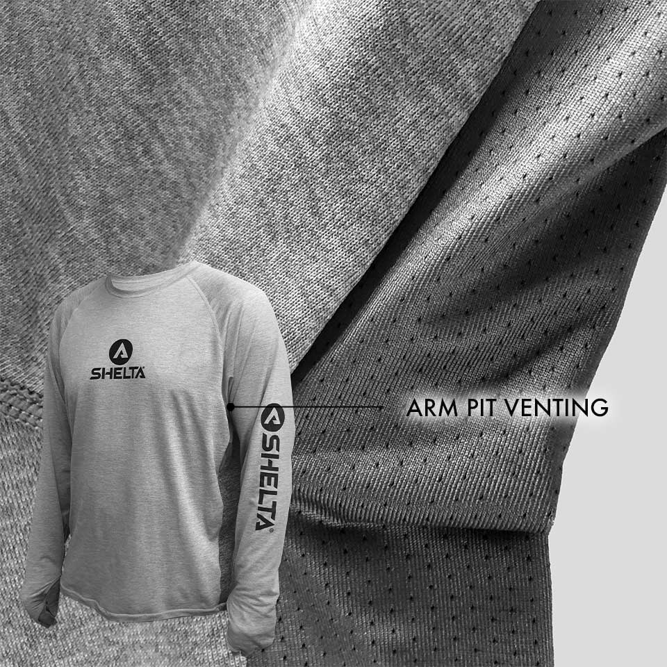 Gray long-sleeve shirt with Shelta logo and arm pit venting feature highlighted