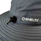 Close up view of refective Shelta Logo and back cindh of Osprey V2 Sun hat in grey