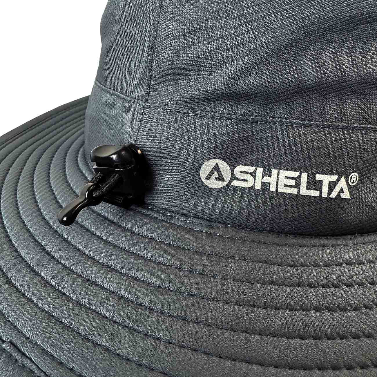 Close up view of refective Shelta Logo and back cindh of Osprey V2 Sun hat in grey