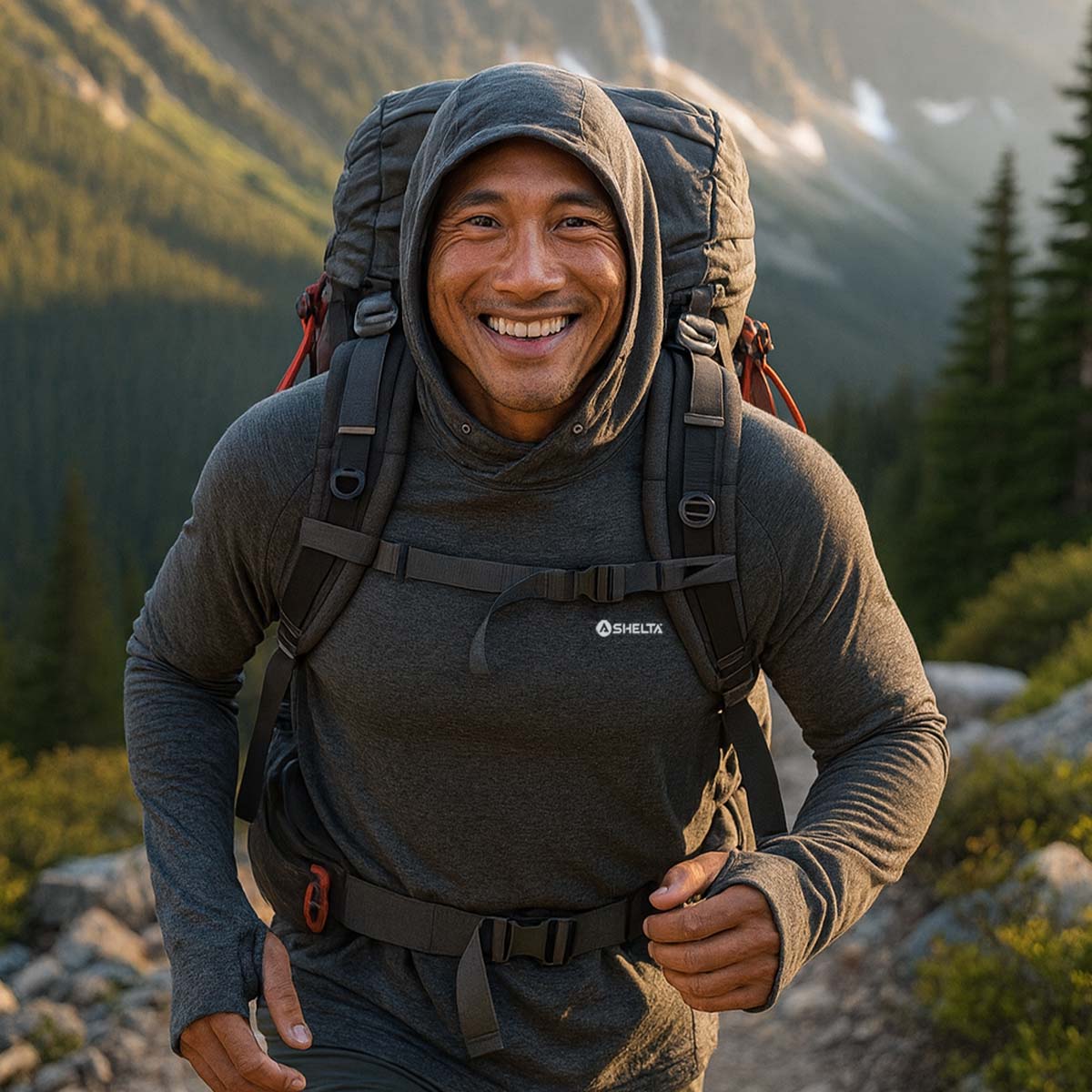 Man with a backpack smiling in a mountainous landscape