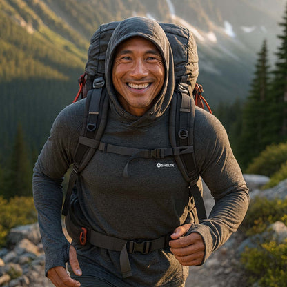 Man with a backpack smiling in a mountainous landscape