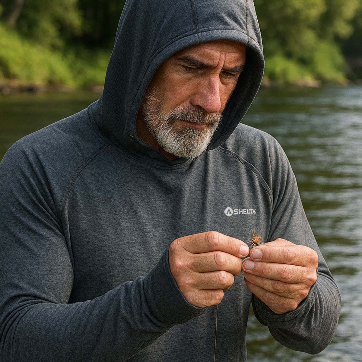 Man in a hooded jacket holding a small object by a body of water