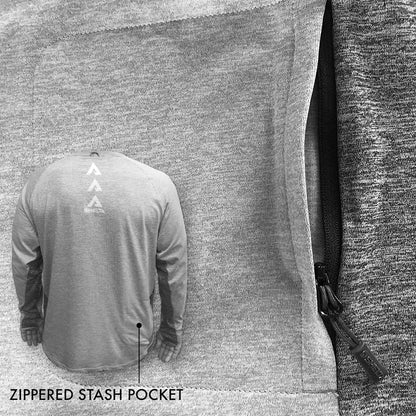 Gray long-sleeve shirt with a zipper on the back, displayed against a textured gray background.