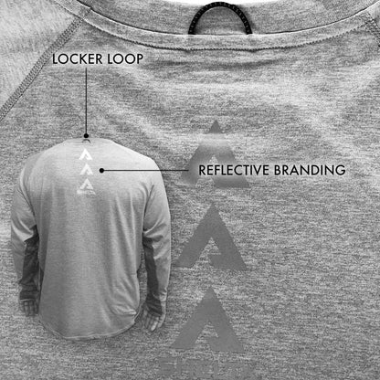 Gray long-sleeve shirt with reflective branding and locker loop feature.